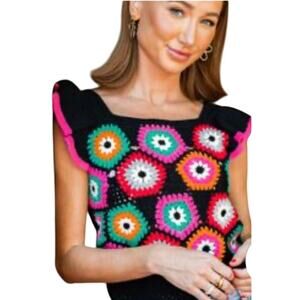 THML Jeannie Granny Square Crochet Knit Top, size Small